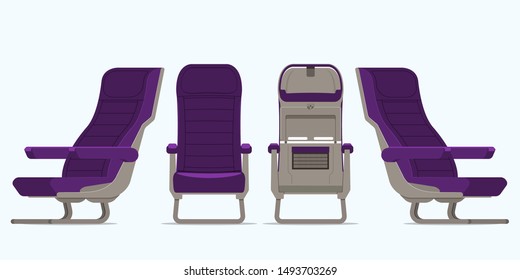 Airplane seat in various points of view. Armchair or stool in front view, rear view, side view. Furniture icon for Plane transport interior design in flat style. Vector illustration.
