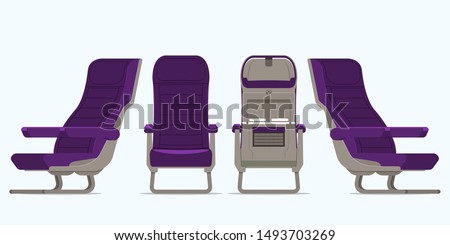 Airplane seat in various points of view. Armchair or stool in front view, rear view, side view. Furniture icon for Plane transport interior design in flat style. Vector illustration.