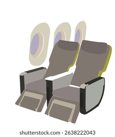 airplane seat. Airplane windows banner. Aircraft interior travel poster, summertime sky in plane porthole, passenger transport. 