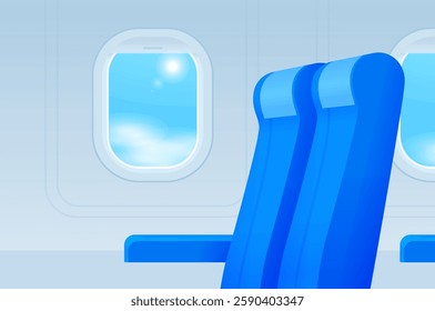 Airplane seat. Windows from inside the airplane. Airplane interior design. Airplane chair. Airline chair business class. Travelling by plane.