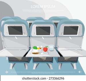 Airplane Seats With Opened Tables, Food And Drink - Vector Illustration