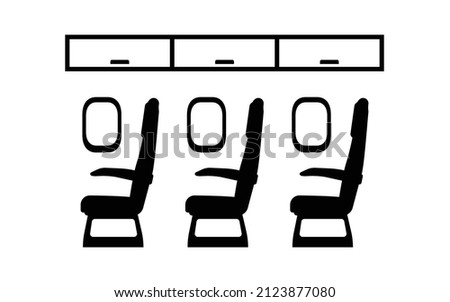 Airplane seats with overhead locker icon. Window seats on plane symbol. Vector illustration of pictogram isolated on white background. Flat design for web, app, banner, UI, poster. Armchair symbol.