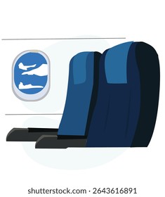 airplane seats and windows. of inside plane cabin with seat and porthole window with blue sky view. 