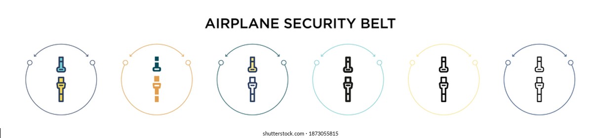 Airplane security belt icon in filled, thin line, outline and stroke style. Vector illustration of two colored and black airplane security belt vector icons designs can be used for mobile, ui, web