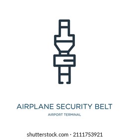icono de la línea delgada de la correa de seguridad del avión. seguridad, iconos lineales del avión del concepto de terminal del aeropuerto signo de contorno aislado. Elemento de símbolo de ilustración vectorial para diseño web y aplicaciones.