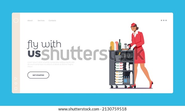 Airplane Service, Air Hostess Landing Page\
Template. Stewardess Push Trolley with Drinks and Food. Flight\
Attendant, Airline Staff, Air Hostess in Red Uniform. Cartoon\
People Vector\
Illustration