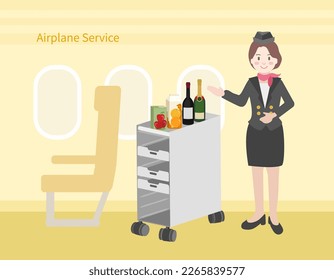 Servicio de aviones, turismo y concepto de viaje. Las azafatas empujan el tranvía con bebidas y comida. Operador De Vuelo, Personal De La Aerolínea, Albergue Aéreo. Plantilla de la página de aterrizaje de Air Hostess. 