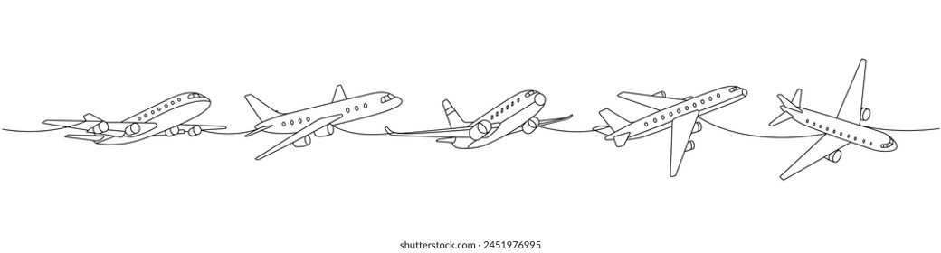 Airplane set. Air transport one line continuous drawing. Passenger airplanes continuous one line illustration. Vector minimalist linear illustration