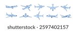 Airplane set. Aircraft from different views, top, side, front and bottom angles, positions, fly maneuvers. Passenger plane, transport in air, flight, landing, taking off. Flat vector illustration