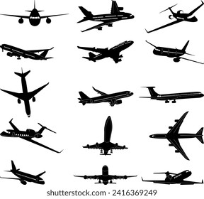 airplane set, black silhouette collection, vector