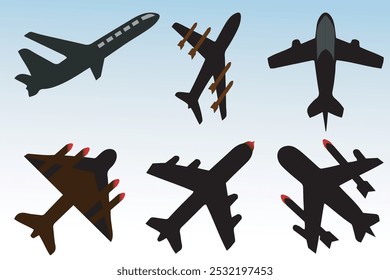 Airplane set. Fighter jet aircraft vector illustration. Aircraft landing and departure 