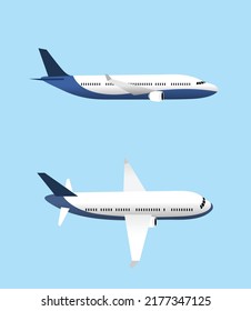 Airplane set flat vector isolated side view. Two airplanes flying.