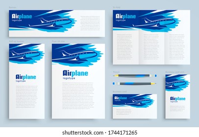 Airplane Set flyer cover, tri-fold, banner, roll up banner, business card vector blue color