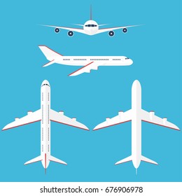 Airplane set in the sky. Commercial airplane in side, top, front and bottom view. Vector