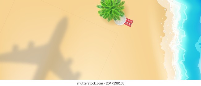 Airplane shadow under seashore with palm and sun umbrella. Sea shore and shadow of plane over beach. Vector background