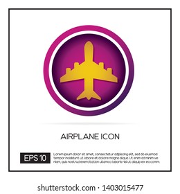 Airplane shape in a magenta and yellow circular icon. EPS 10 vector