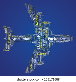 Airplane Shaped Vector Word Cloud - Travel Concept on blue background