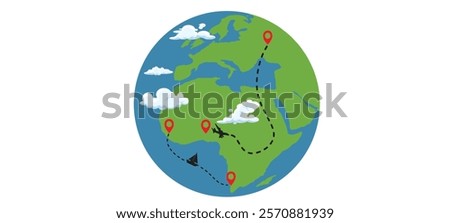 an airplane and Ship takes off to a destination, GPS, coordinates isolated on a white background.