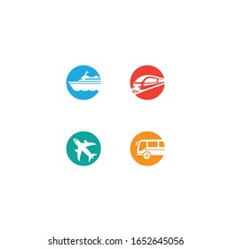 Airplane, ship, train and bus travel vehicles, vector icon set