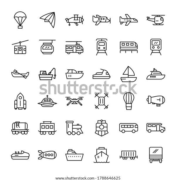 airplane,\
ship and transportation 36 outline icons\
vector