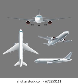 Airplane side front and top view isolated photo-realistic vector illustration