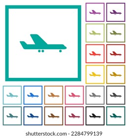 Airplane side view flat color icons with quadrant frames on white background