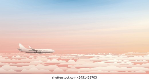 Airplane side view flying above the clouds with dramatic sky background vector illustration. Plane with sunset concept.