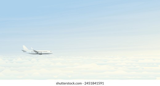 Airplane side view flying above the clouds with blue sky background vector illustration.