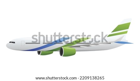 Airplane side view isolated on white background. Air plane, with green, blue lines. Airliner new model. Aircraft icon. Summer tours wen site concept, graphic design, flyer, poster. Vector illustration
