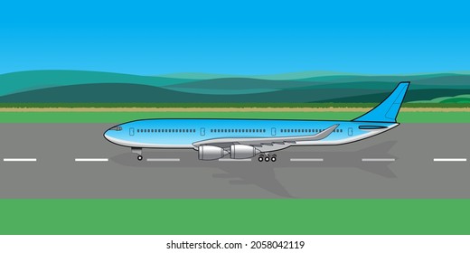 airplane side view in runway drawing in vector