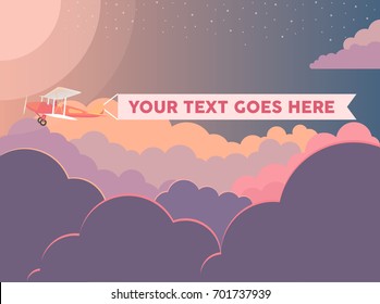 Airplane With The Sign Banner Flying in Sky Full of Clouds Advertisement