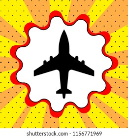 Airplane sign. Black icon in a bubble on a yellow background pop art. Vector.