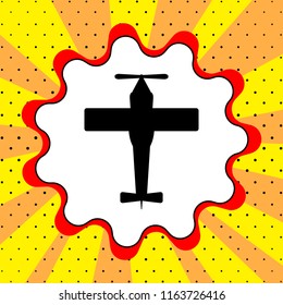 Airplane sign. Black icon in a bubble on a yellow background pop art. Vector.