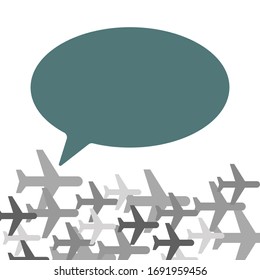Airplane sign collage in gray tones with blank blue talking or message bubble on white background.