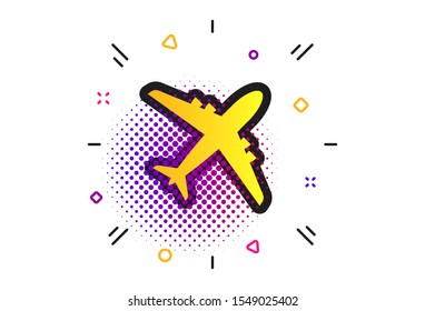 Airplane sign. Halftone dots pattern. Plane symbol. Travel icon. Flight flat label. Classic flat airplane icon. Vector
