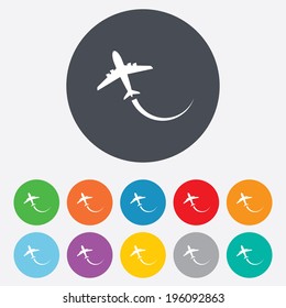 Airplane sign icon. Travel trip symbol. Round colourful 11 buttons. Vector