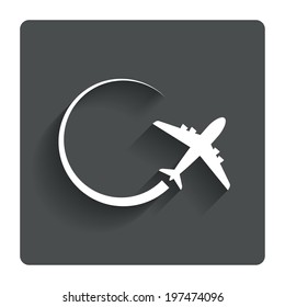 Airplane sign icon. Travel trip symbol. Gray flat button with shadow. Modern UI website navigation. Vector