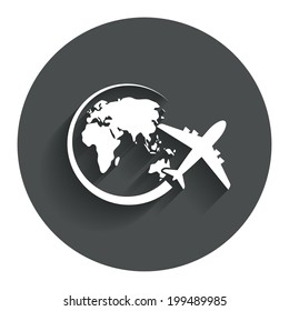 Airplane sign icon. Travel trip round the world symbol. Circle flat button with shadow. Modern UI website navigation. Vector