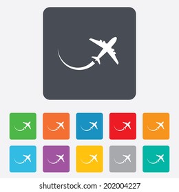Airplane sign icon. Travel trip symbol. Rounded squares 11 buttons. Vector