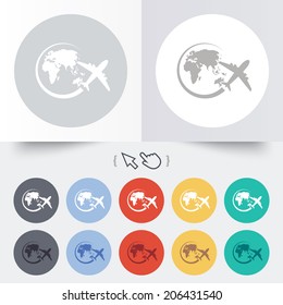 Airplane sign icon. Travel trip round the world symbol. Round 12 circle buttons. Shadow. Hand cursor pointer. Vector