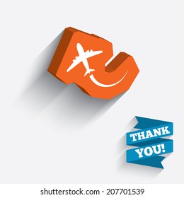 Airplane sign icon. Travel trip symbol. White icon on orange 3D piece of wall. Carved in stone with long flat shadow. Vector