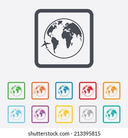 Airplane sign icon. Travel trip round the world symbol. Round squares buttons with frame. Vector