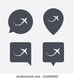 Airplane sign icon. Travel trip symbol. Map pointers information buttons. Speech bubbles with icons. Vector