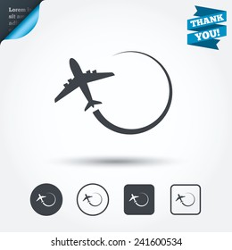 Airplane sign icon. Travel trip symbol. Circle and square buttons. Flat design set. Thank you ribbon. Vector