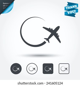 Airplane sign icon. Travel trip symbol. Circle and square buttons. Flat design set. Thank you ribbon. Vector