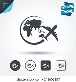 Airplane sign icon. Travel trip round the world symbol. Circle and square buttons. Flat design set. Thank you ribbon. Vector