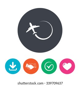 Airplane sign icon. Travel trip symbol. Download arrow, handshake, tick and heart. Flat circle buttons.