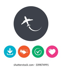 Airplane sign icon. Travel trip symbol. Download arrow, handshake, tick and heart. Flat circle buttons.