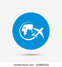 Airplane sign icon. Travel trip round the world symbol. Blue circle button with icon. Vector