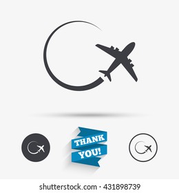 Airplane sign icon. Travel trip symbol. Flat icons. Buttons with icons. Thank you ribbon. Vector